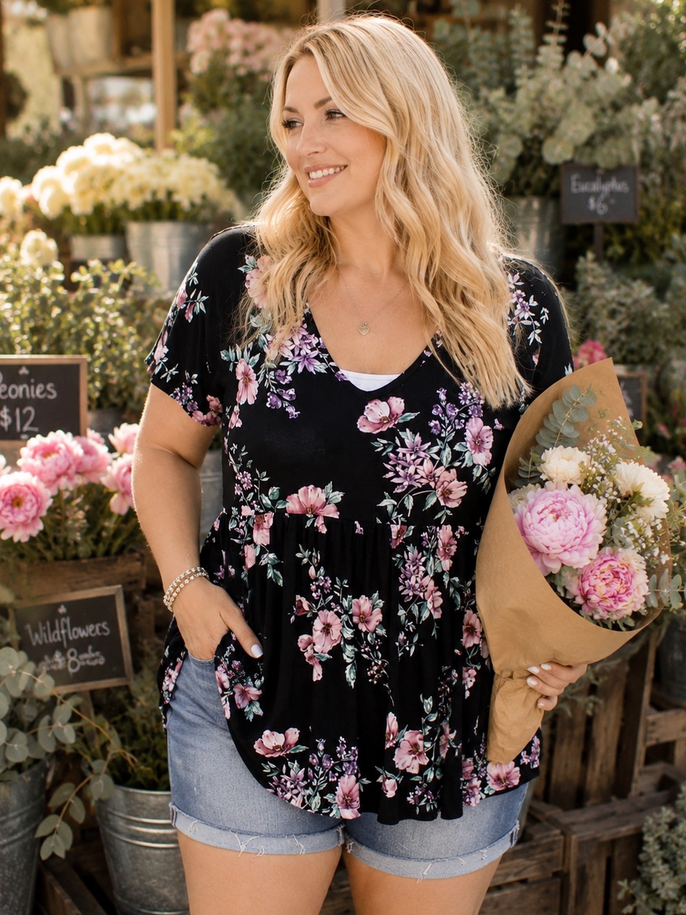 EUC Torrid Super Soft Knits Floral Babydoll Tunic Top Black Pink Plus Size 0X